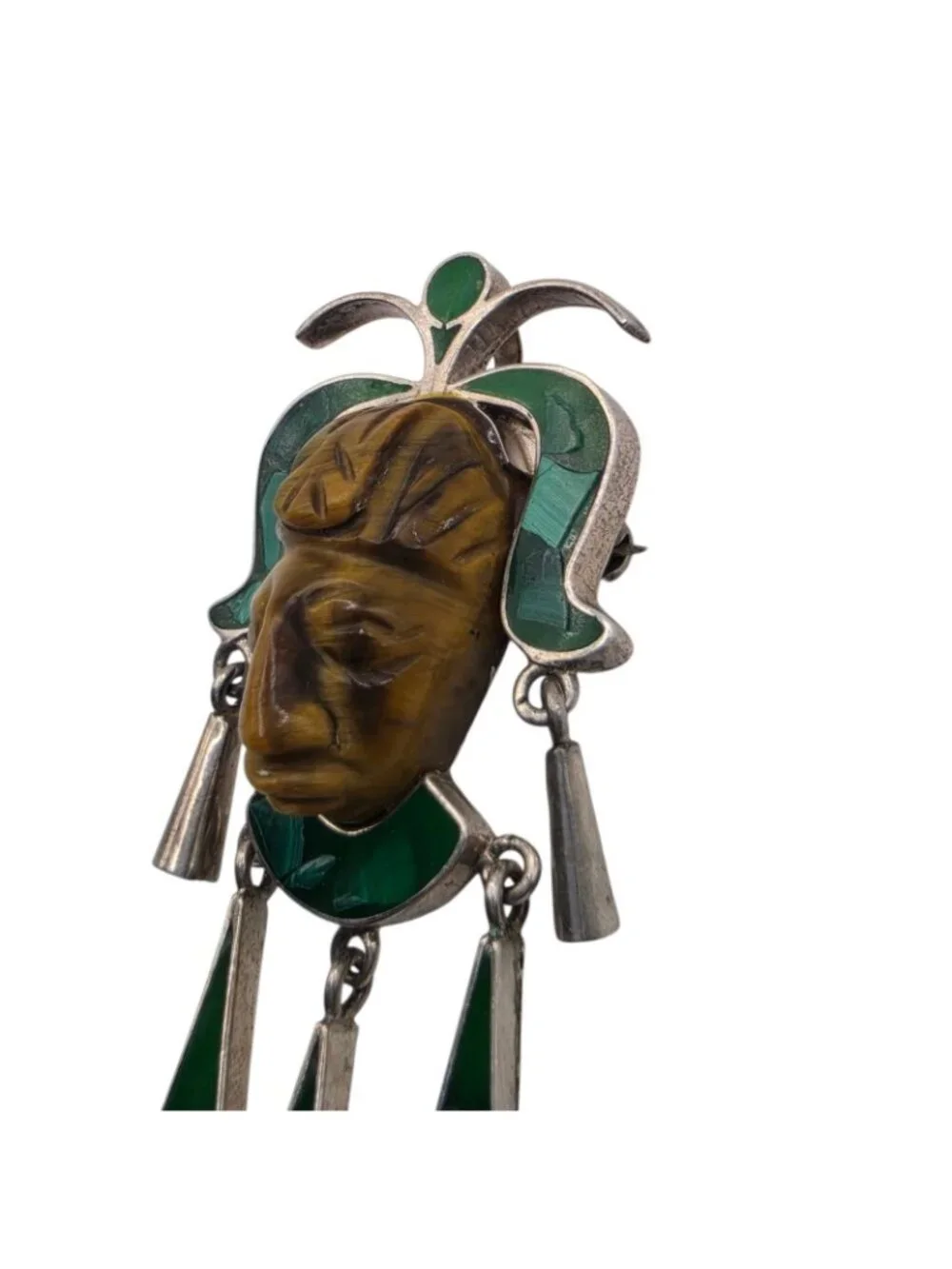 Vintage Taxco Mexico 925 Sterling Silver Malachite Tiger Eye Mask Brooch Pin